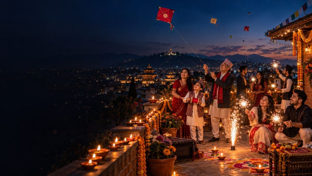 Diyo lamps and sparklers during Tihar